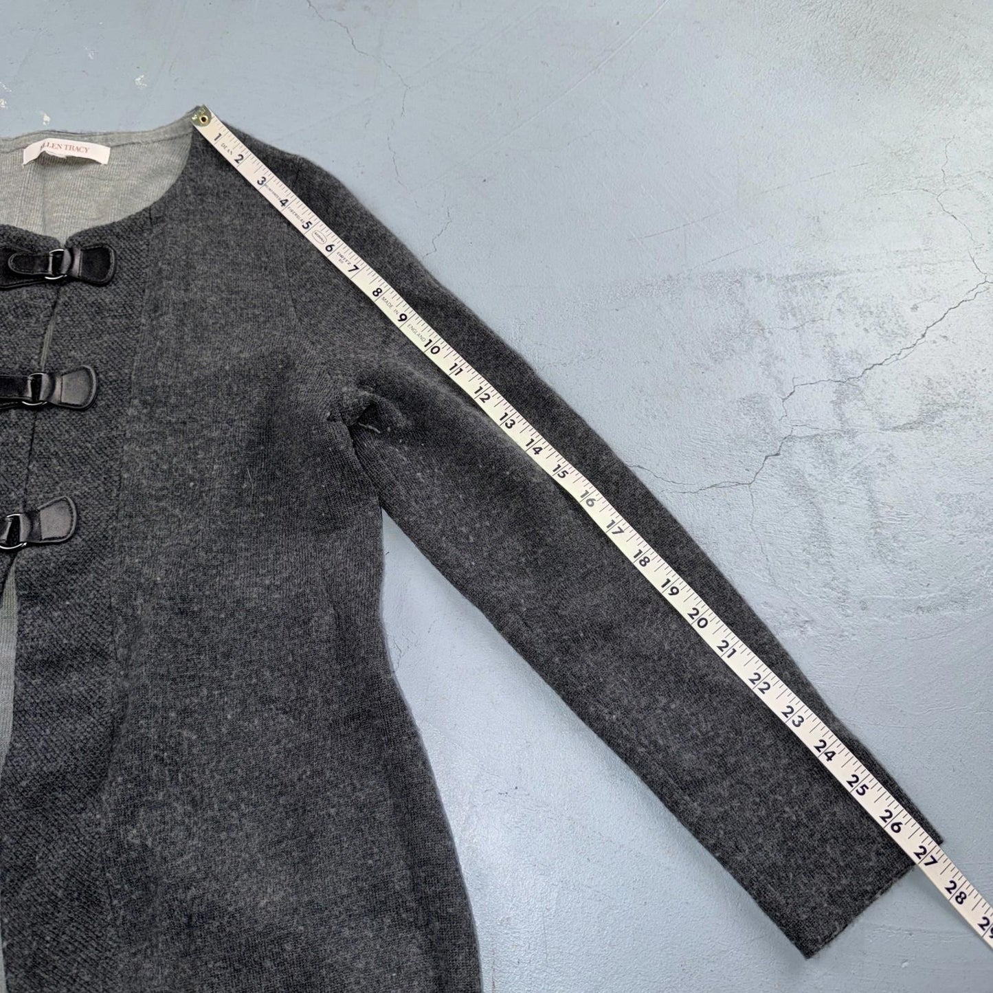 ELLEN TRACY Sweater M Wool Cardigan Duster Coat Buckle Latch Double Knit Gray
