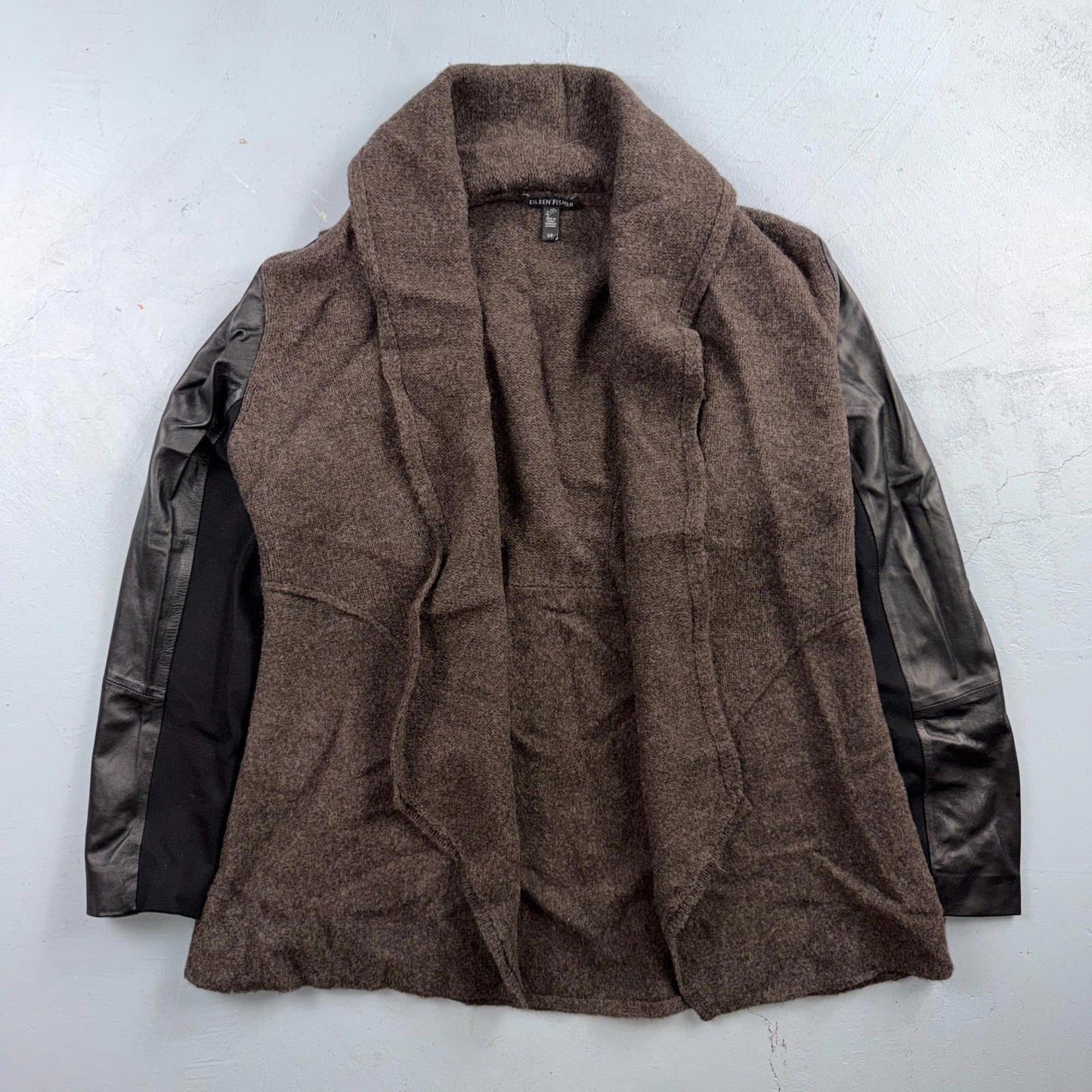 Eileen Fisher Jacket Womens Small Brown Wool Leather Sleeve Open Front Blazer