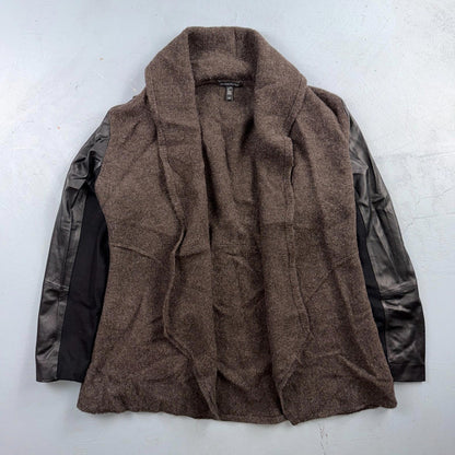 Eileen Fisher Jacket Womens Small Brown Wool Leather Sleeve Open Front Blazer