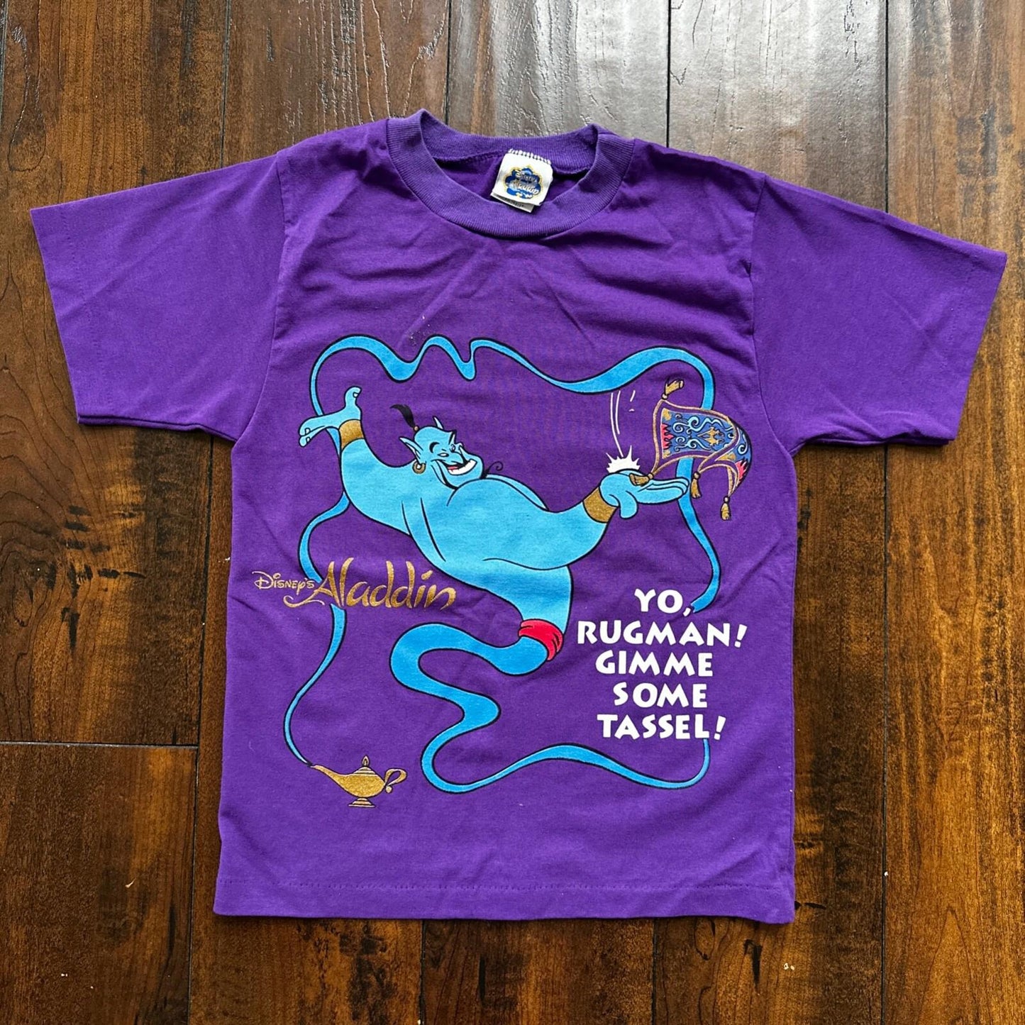 Aladdin Genie Purple AOP Vintage T Shirt 90s Single Stitch Kids Medium Disney