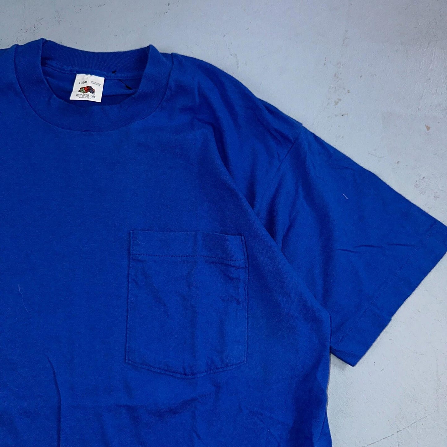 FOTL Blank 90s VTG T Shirt USA Pocket Blue Basic Simple Single Stitch Selvedge