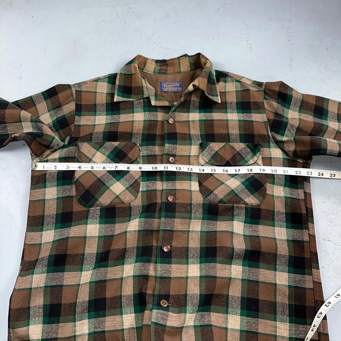 Pendleton 1950s Loop Collar Board Shirt Wool Plaid Flannel Shirt Brown Green VTG