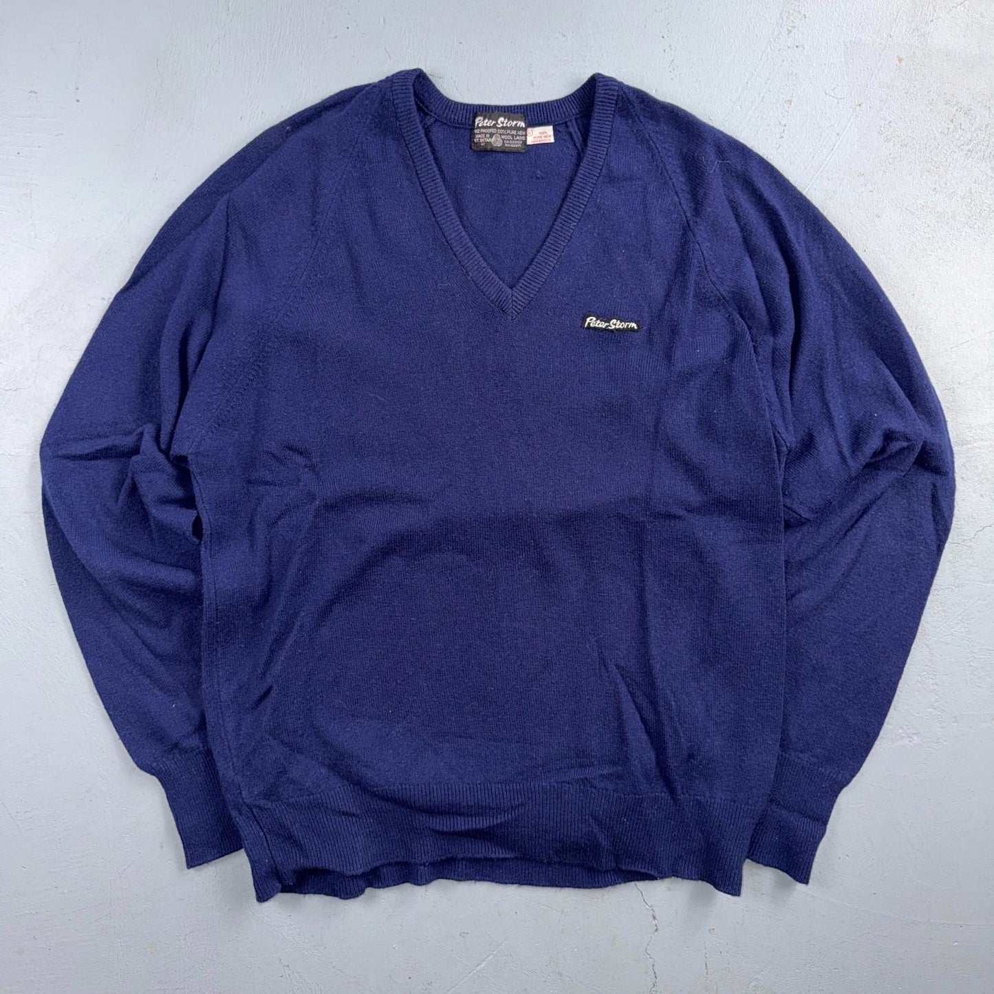Vintage 70s Peter Storm Sweater Mens XL Navy Blue V Neck Pure Wool Knit