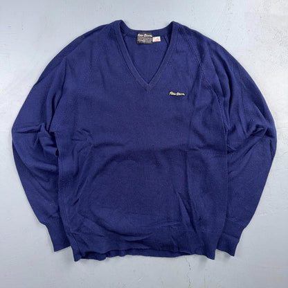 Vintage 70s Peter Storm Sweater Mens XL Navy Blue V Neck Pure Wool Knit