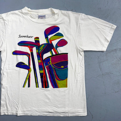 Sunriver Golf Clubs 90s USA VTG T Shirt Colorful Art Picture Graphic Mens Game