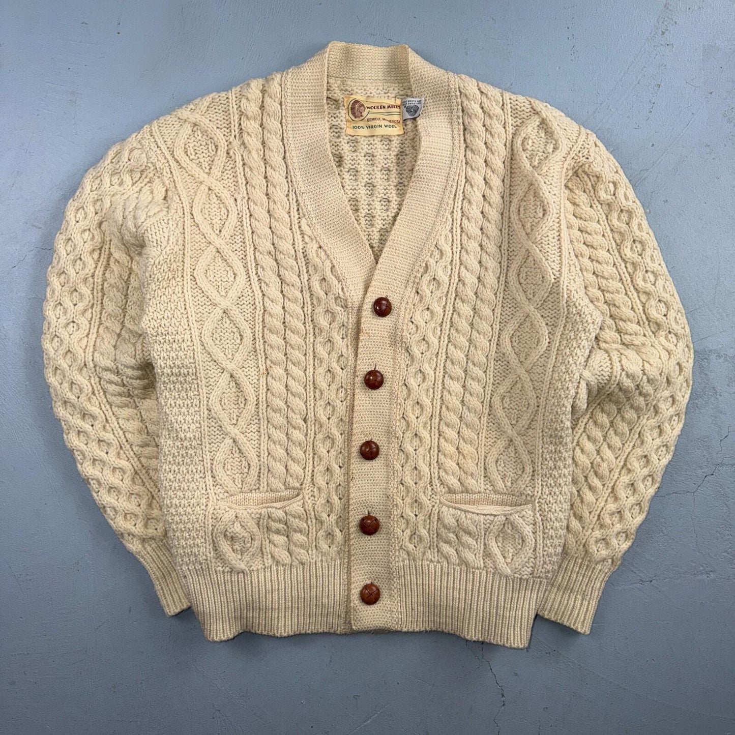 Bemidji VTG Woolen Mills Cream Cable Knit Cardigan Sweater Fisherman Boho 1970s