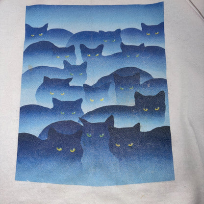 VTG Oneita 90s Blue Black Cats Art Sweatshirt White Graphic Crewneck Pullover