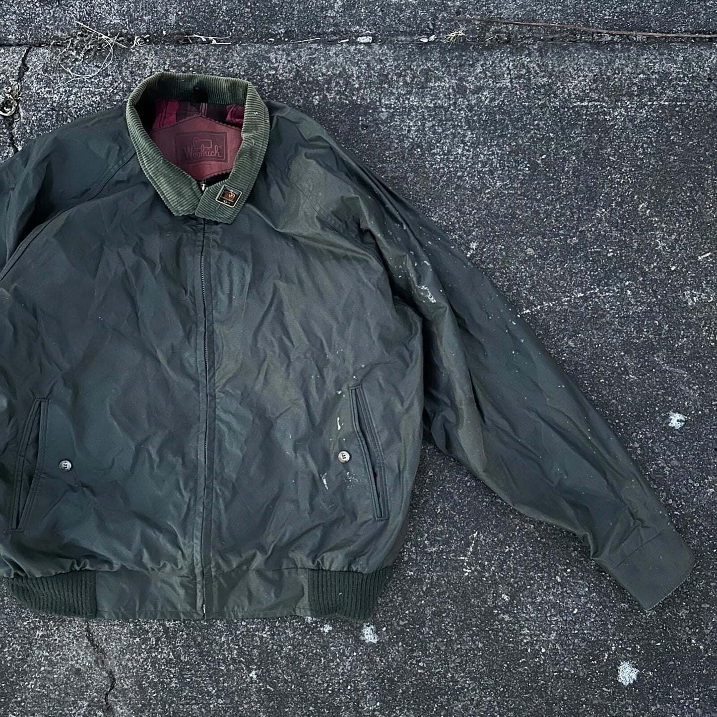 Vintage Woolrich Bomber Jacket Green USA Stained 90s Red Lining USED HEAVY