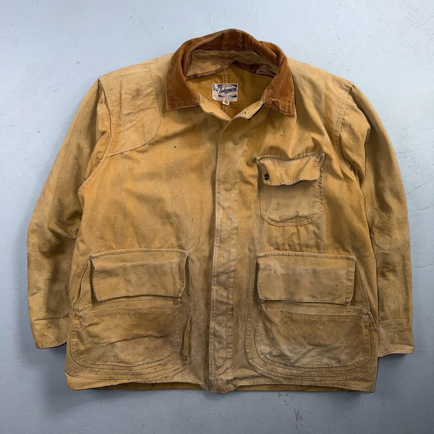 Hinson Bodyguard Men’s Vtg 1940s Hunting Jacket Coat USA Corduroy Trim Brown 46