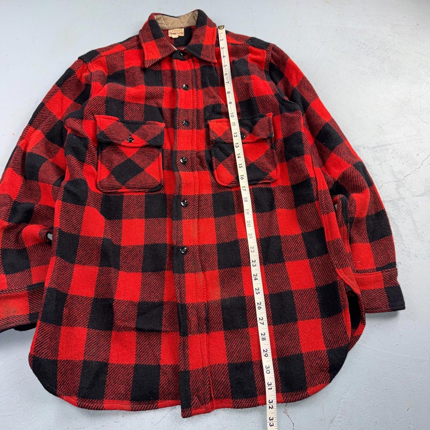 VTG 1940s Penneys Jacket Red Black Wool Buffalo Plaid 40s 50s Flannel Shirt Wool