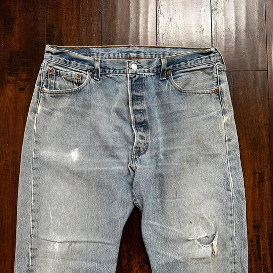 VTG 90s Levis 501 Button Fly 38x33 USA Tag Jeans Straight Wash Blue XX Act 34x28