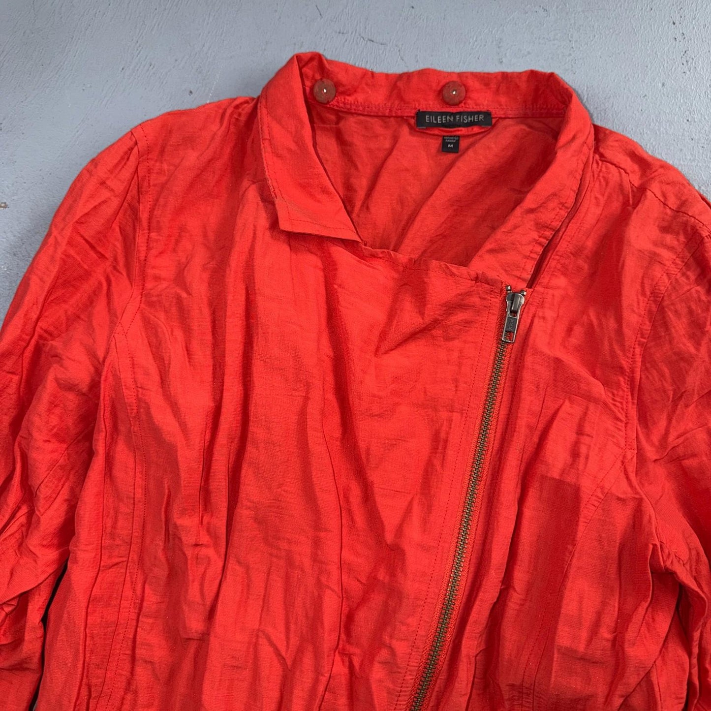 Eileen Fisher Cotton Coral Crinkle Asymmetrical Mock Neck Jacket Size Medium