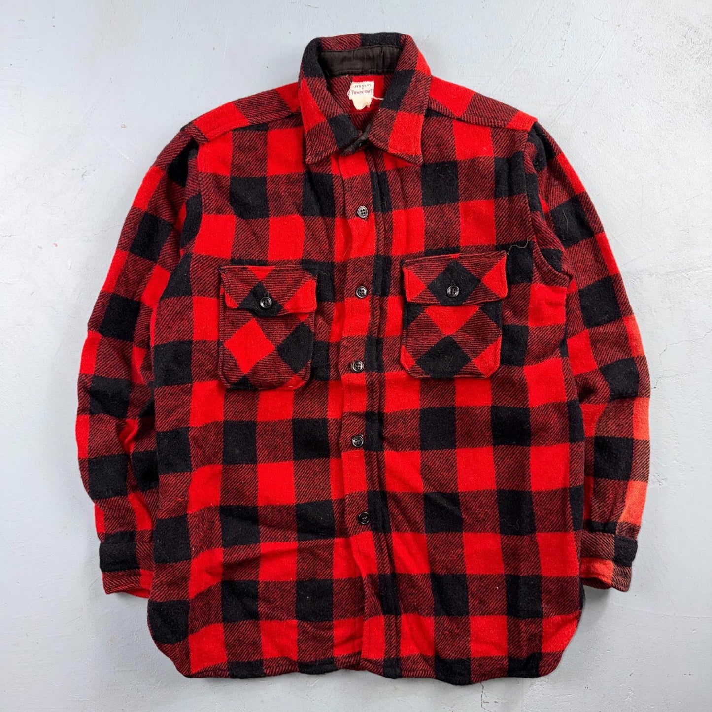 VTG 1940s Penneys Jacket Red Black Wool Buffalo Plaid 40s 50s Flannel Shirt Wool