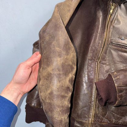 VTG WWII Horsehide Leather Zip Up Bomber Jacket Fur Collar 40s 50s A2 Civilian