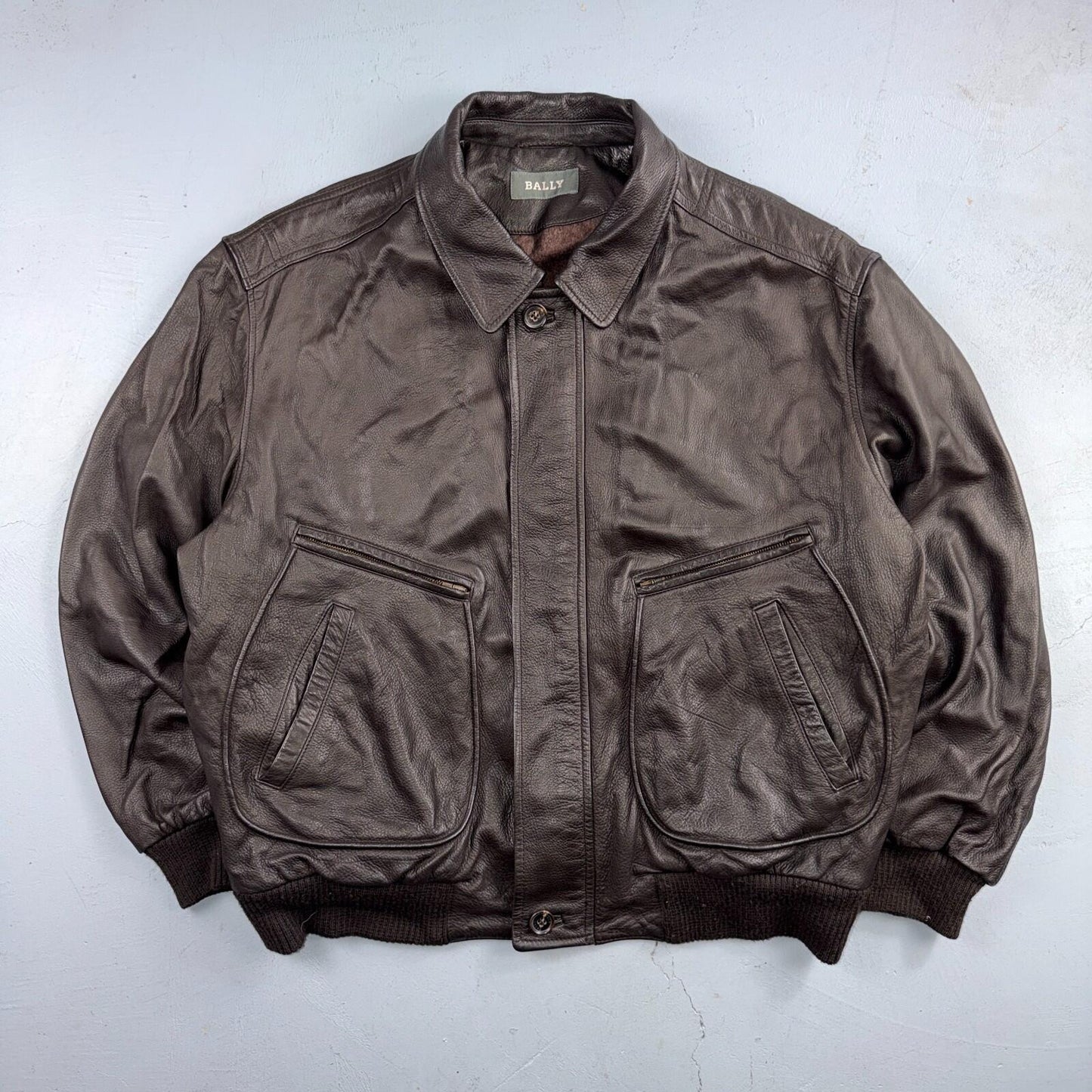 Bally Brown Leather Jacket Mens Size 44 Bomber Coat Made in Italy Soft Wool
