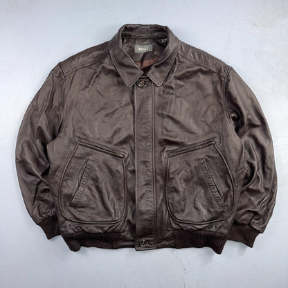 Bally Brown Leather Jacket Mens Size 44 Bomber Coat Made in Italy Soft Wool