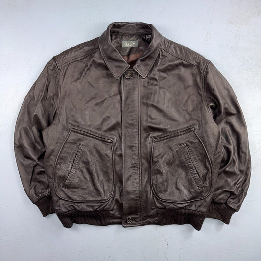 Bally Brown Leather Jacket Mens Size 44 Bomber Coat Made in Italy Soft Wool