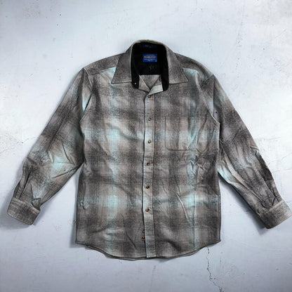 Pendleton Lodge Button Up Shirt Men's Medium Wool Plaid Gray Teal Pocket