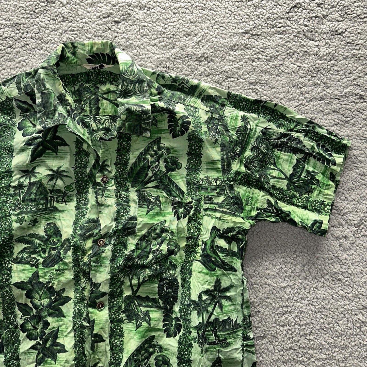 Vintage 50s Hawaiian Aloha Print Shirt Rockabilly Honolulu 60s Button USA Green