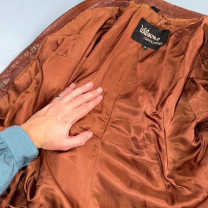 VTG Wilsons Women's Brown 100% Leather Jacket Trench Car Coat Belted 80s 90s
