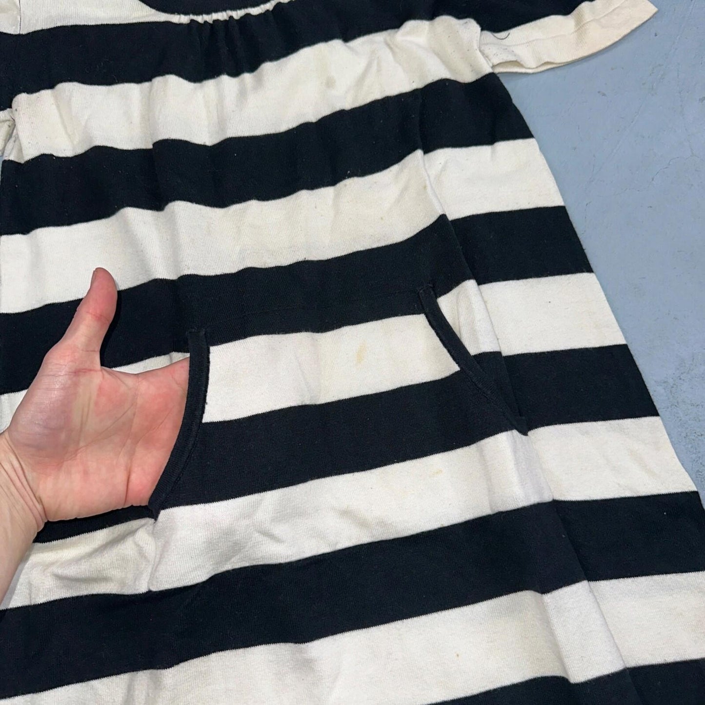 Black White Striped Midi Sweater Dress Round Neck Vintage Y2K Cool Pocket Front