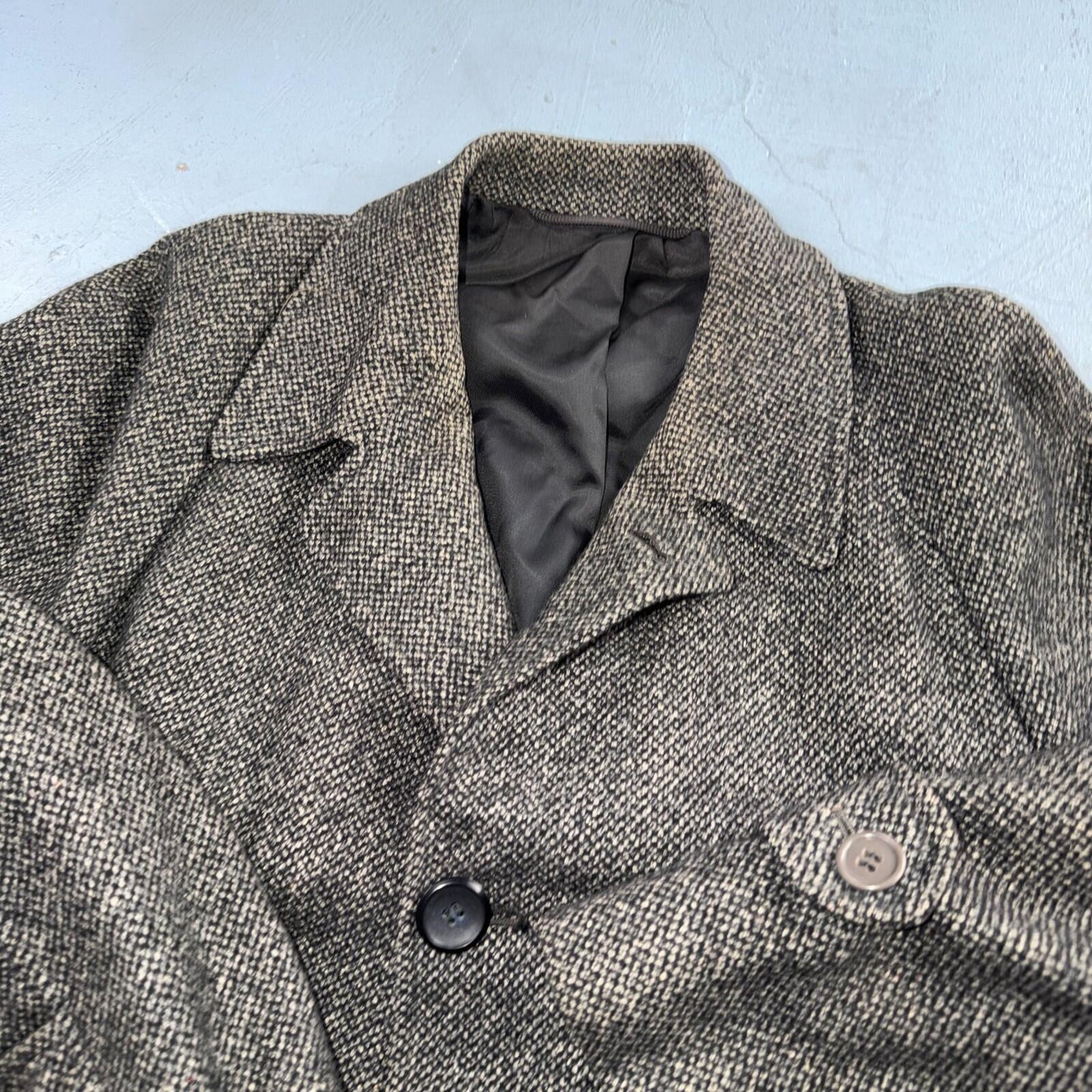 VTG 1950s 1960s Coat Trench Mens Gray Tweed Wool Rockabilly Overcoat Long Duster