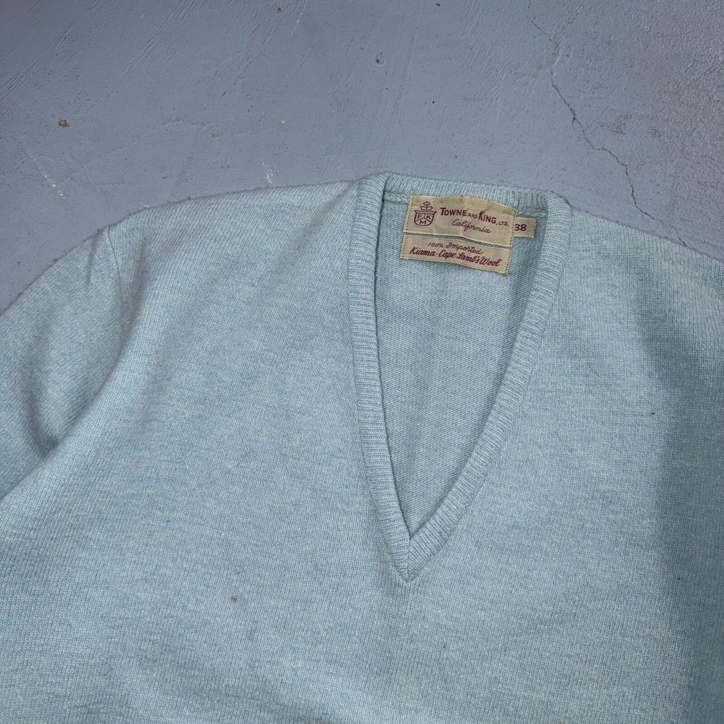 VTG 1940s 1950s Wool Lamb Pullover Sweater Rockabilly Mens V Neck Blue Towne Kin