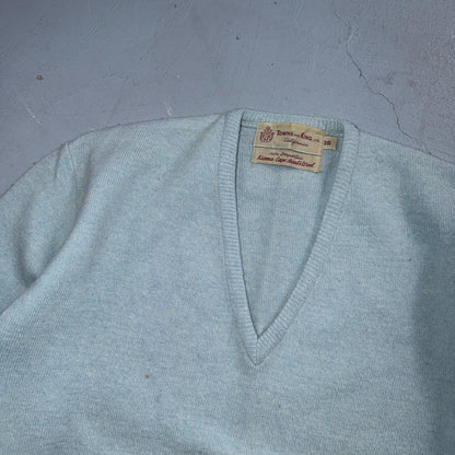 VTG 1940s 1950s Wool Lamb Pullover Sweater Rockabilly Mens V Neck Blue Towne Kin