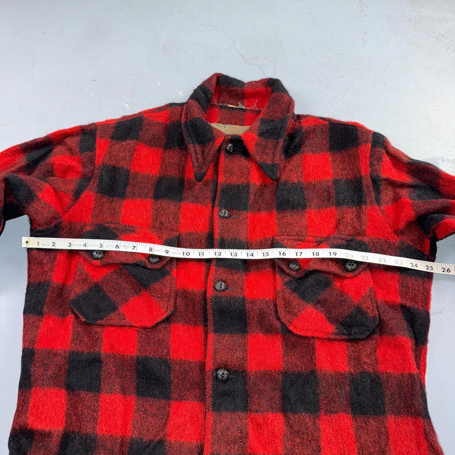 VTG 1950s Wool Buffalo Plaid Mackinaw Heavy Jacket Button Up Mohair Rockabilly