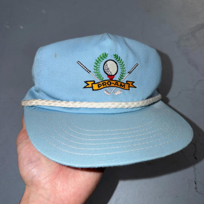 PRO AM Golf Clubs VTG Hat Baseball Cap Snapback Baby Blue USA Golfing Fun Sports