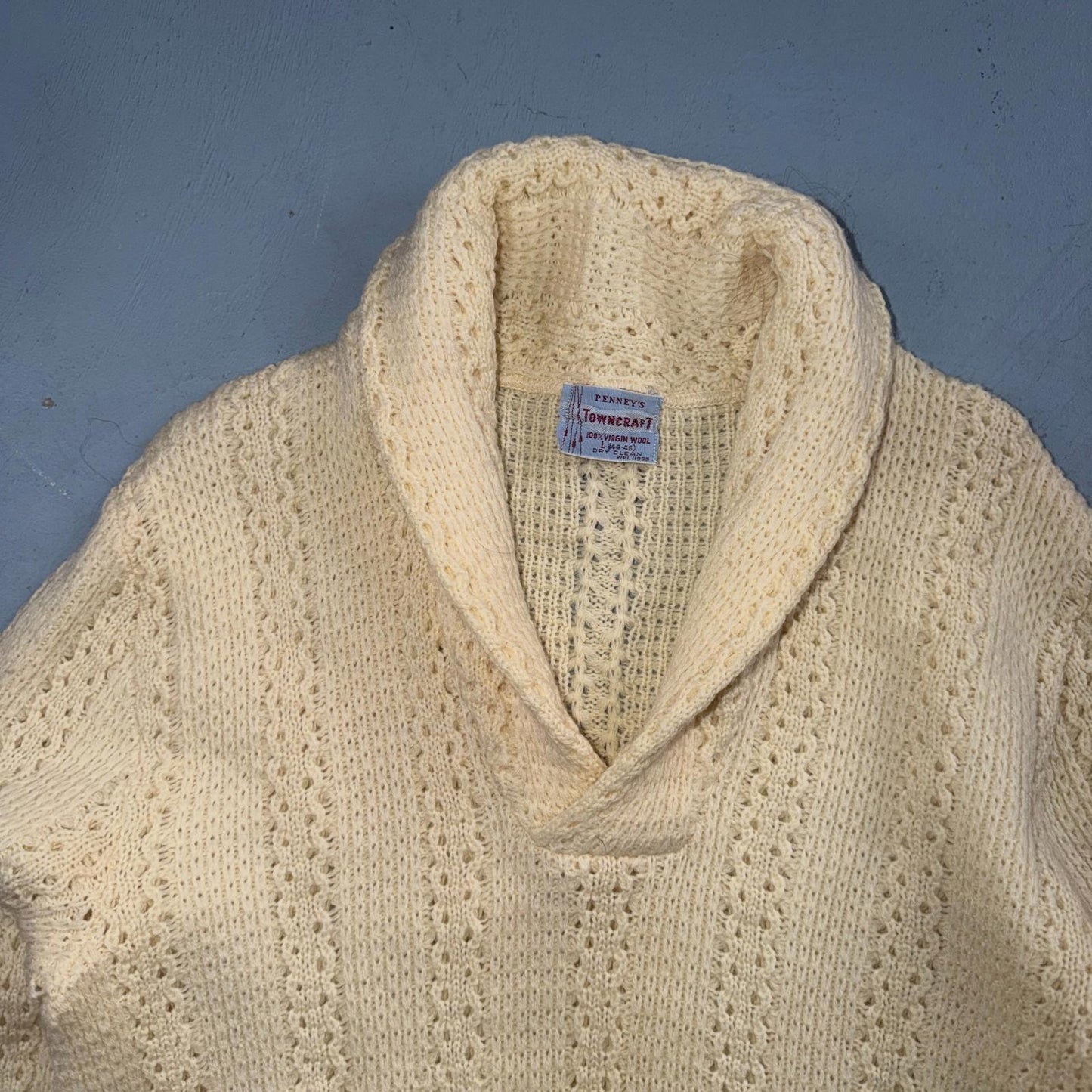 Penneys 1950s Wool Sweater Cream Shawl Collar Heritage Fisherman Knit Rockabilly