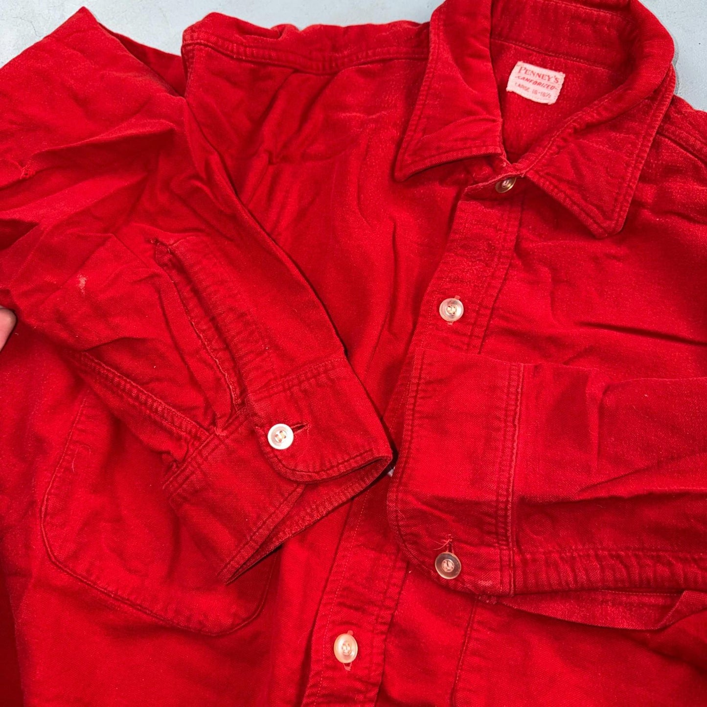 VTG 1940s Penneys Jacket Red Cotton Basic 40s 50s Flannel Shirt Rockabilly