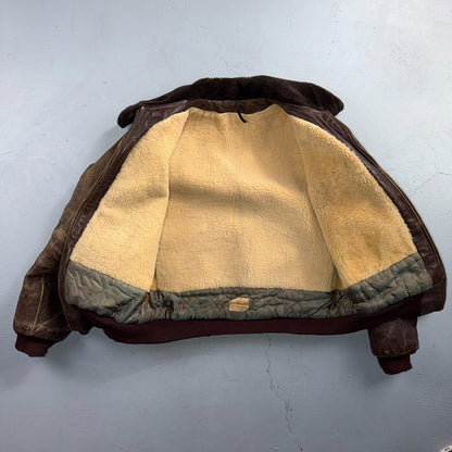 VTG WWII Horsehide Leather Zip Up Bomber Jacket Fur Collar 40s 50s A2 Civilian