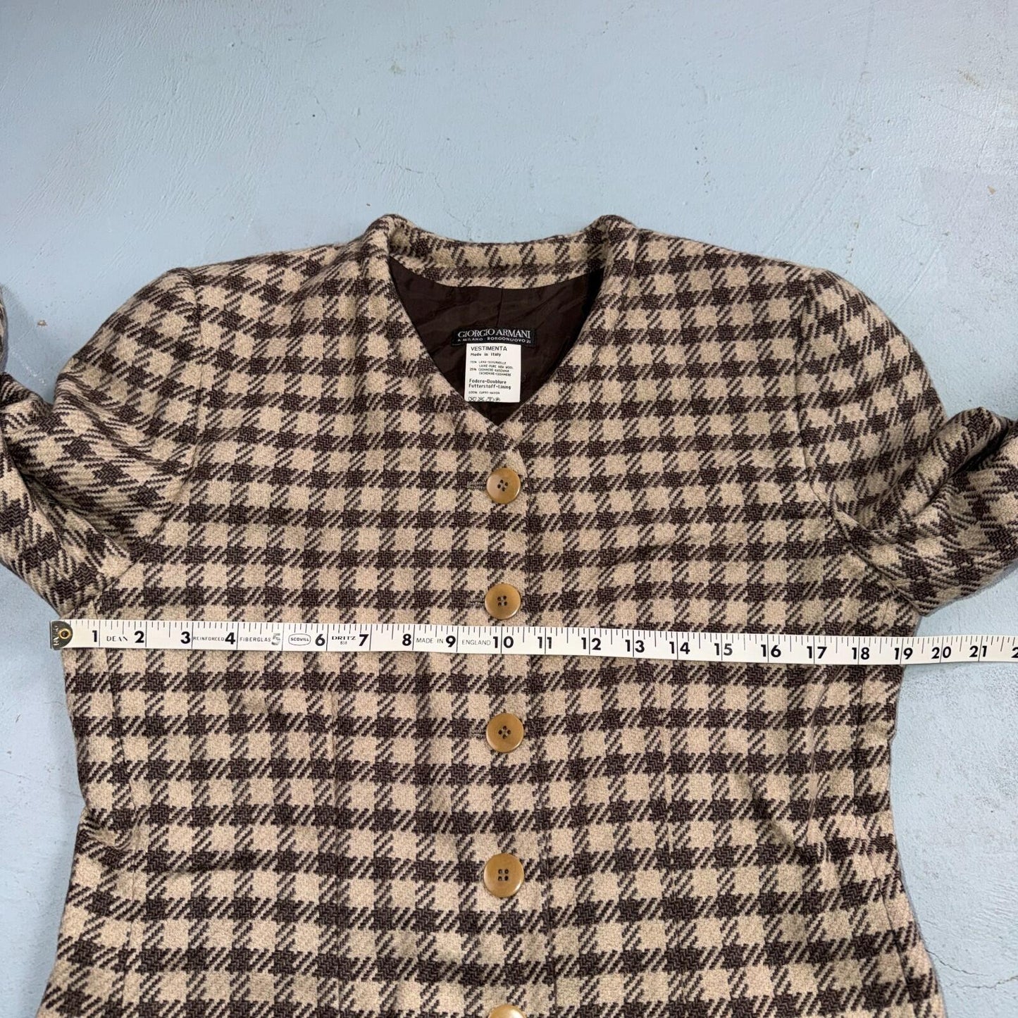 Giorgio Armani Jacket Women 42 VTG Brown Houndstooth V Neck Italy Cashmere Wool