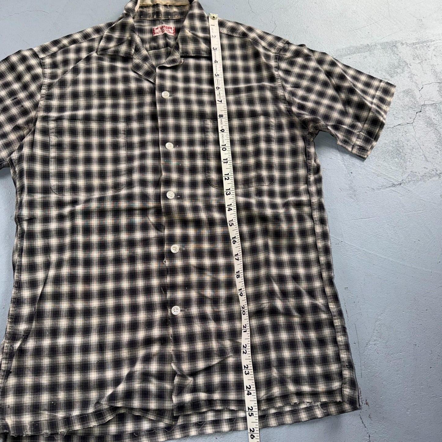 Vintage 60s McGregor Checker Loop Collar Button Up Shirt Made In USA Rockabilly