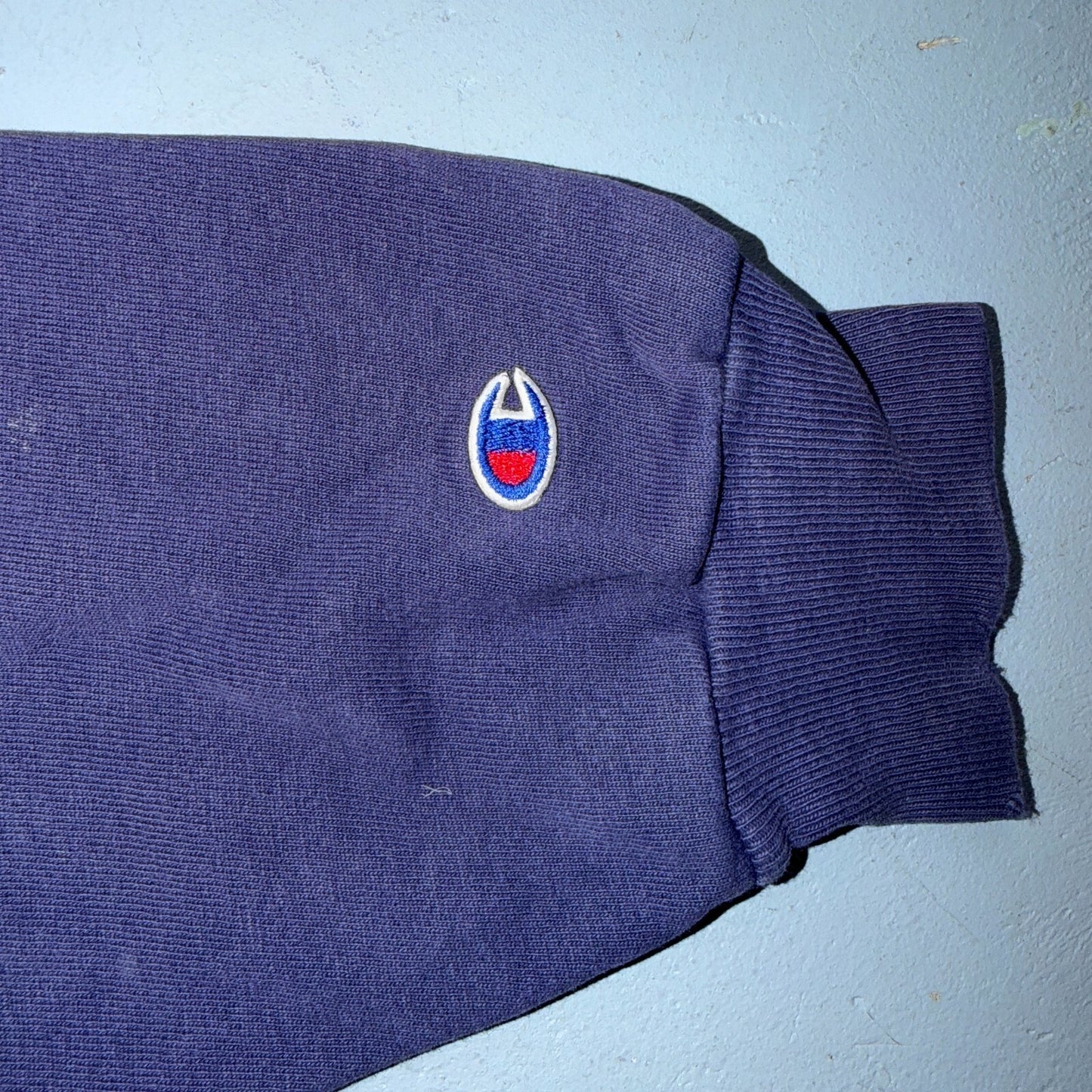 VTG Champion Crewneck Sweatshirt Navy Embroidered Logo USA 2XL Thrashed Gym