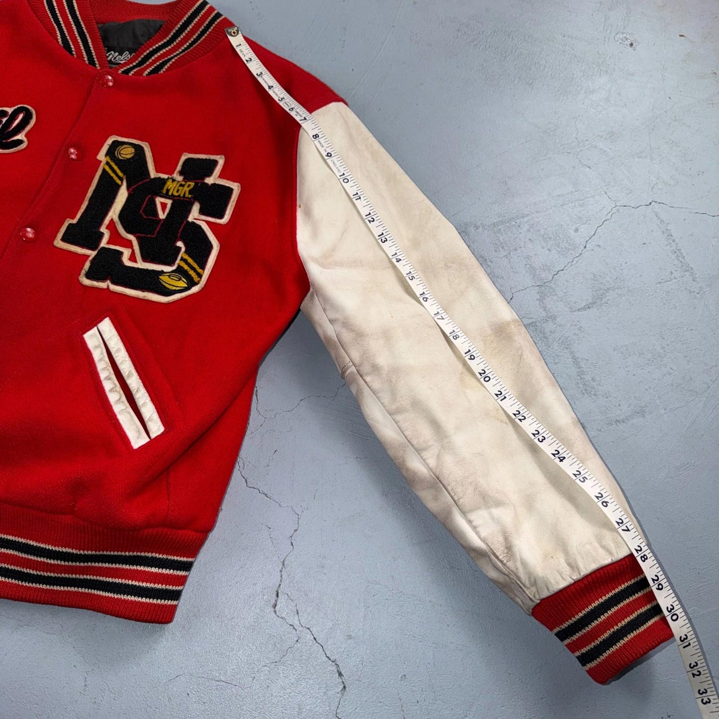 VTG 70s Nelson Varsity Jacket Letterman USA Made Leather Collegiate 44 Red Phil