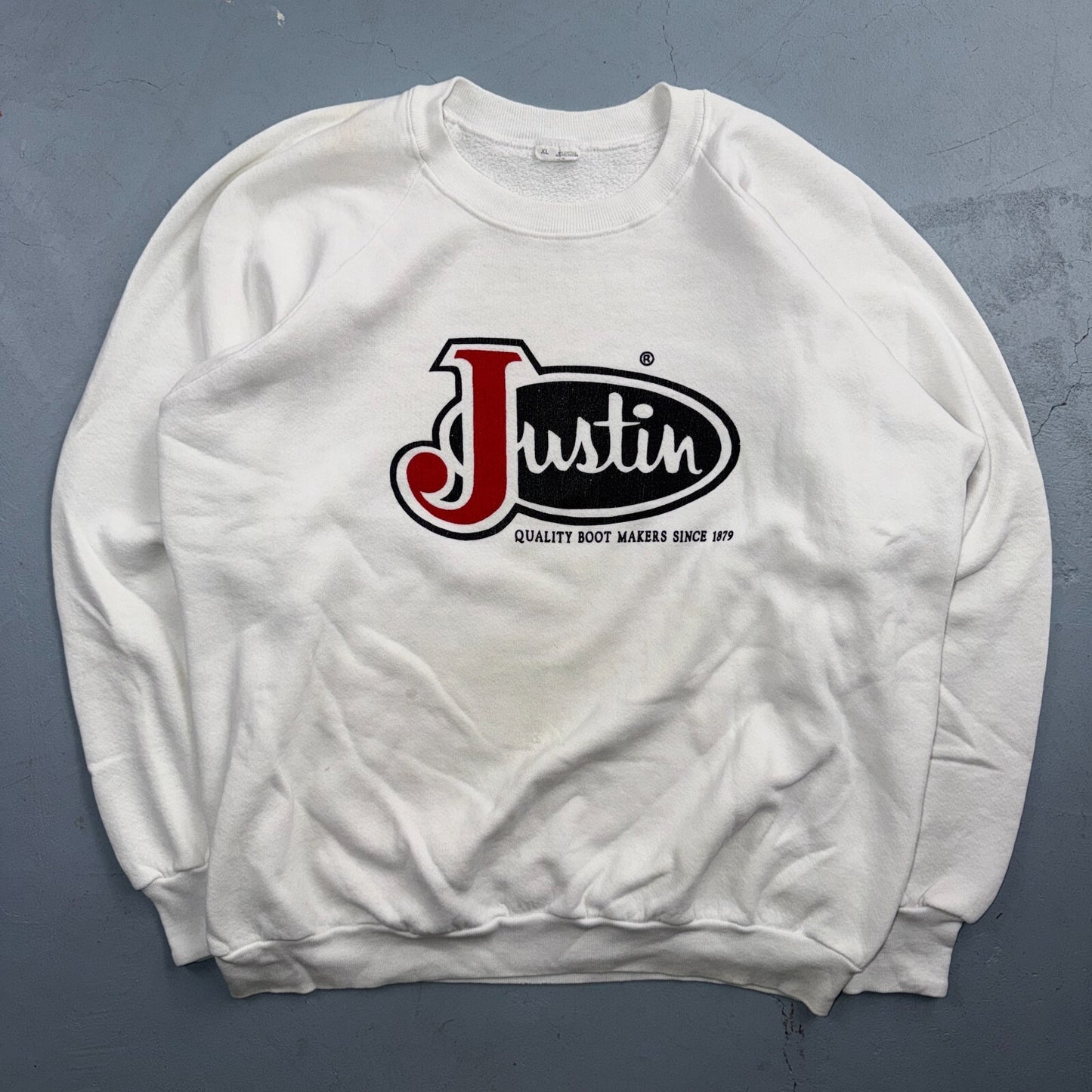 VTG Justin Boots Logo Promo Sweatshirt White Western Cowboy USA XL 1980s 80s