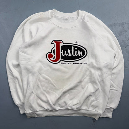 VTG Justin Boots Logo Promo Sweatshirt White Western Cowboy USA XL 1980s 80s