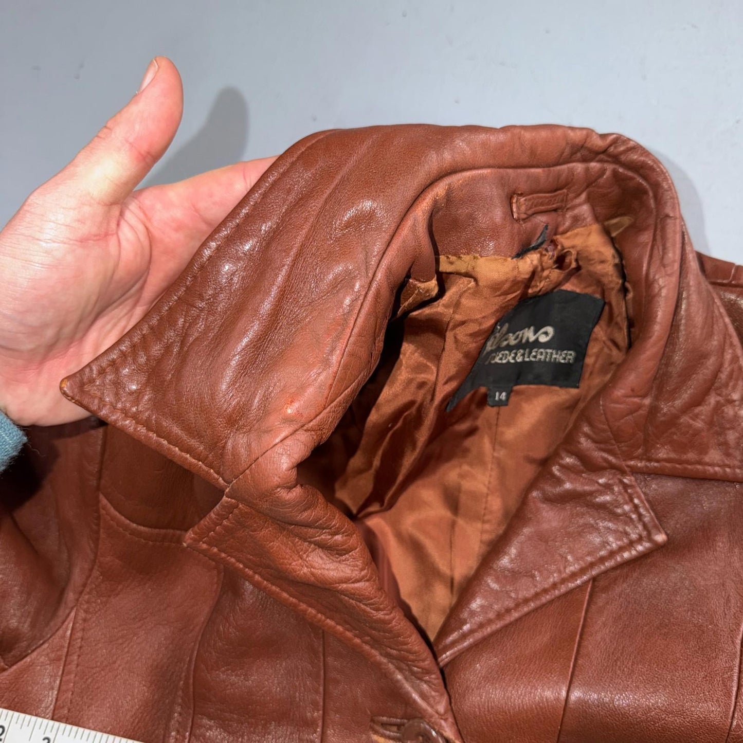 VTG Wilsons Women's Brown 100% Leather Jacket Trench Car Coat Belted 80s 90s