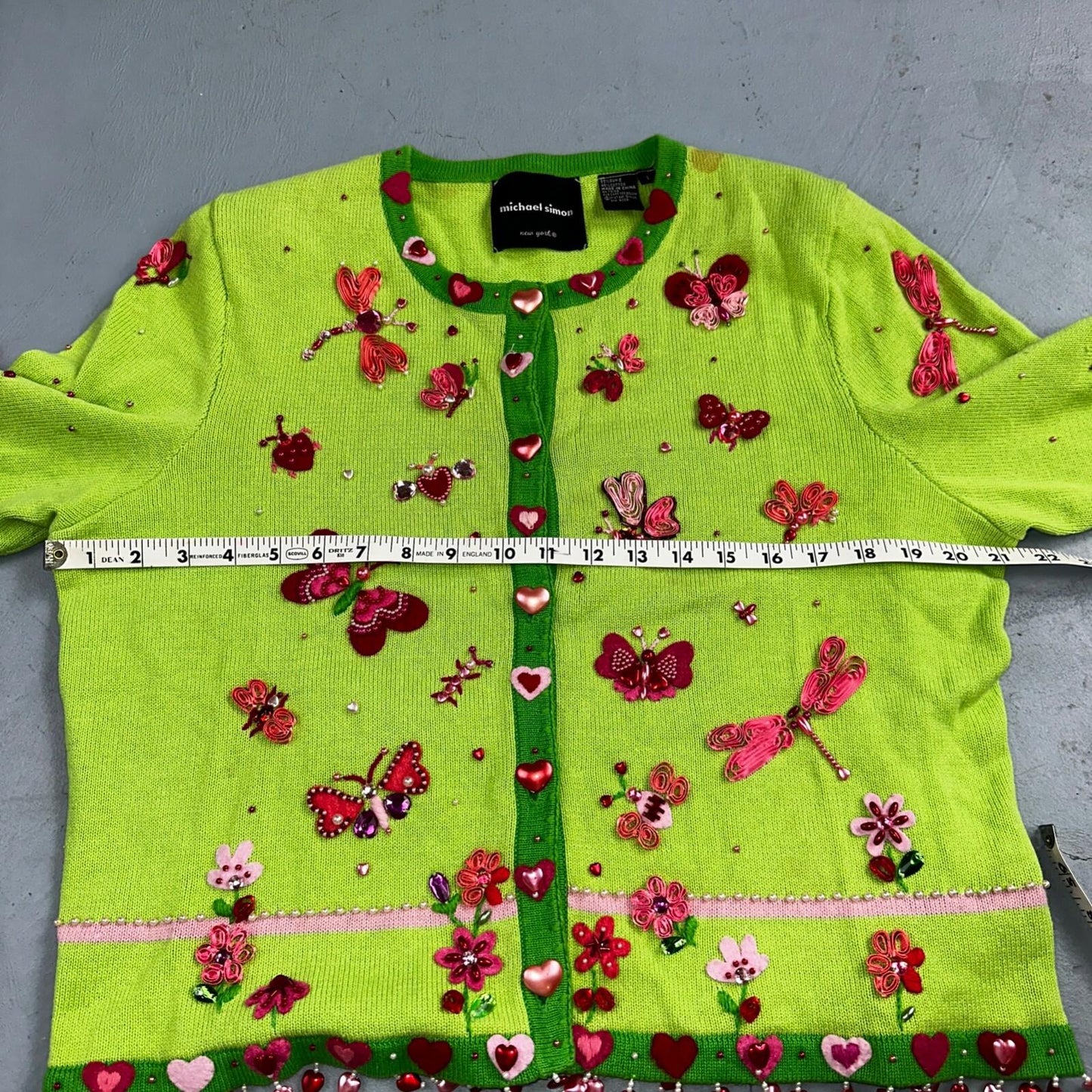Michael Simon VTG 2000 Dragonfly Hearts Cardigan Sweater Green Valentines Day
