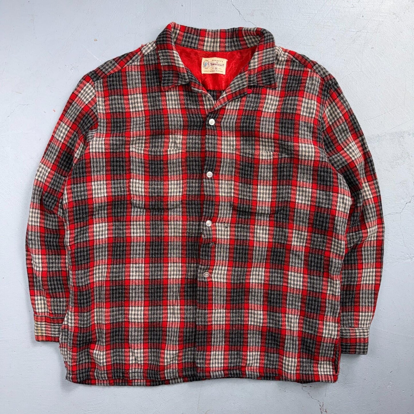 VTG XL 50s Penneys Shirt Red Plaid Wool Button Loop Collar Rockabilly 1950s Gray