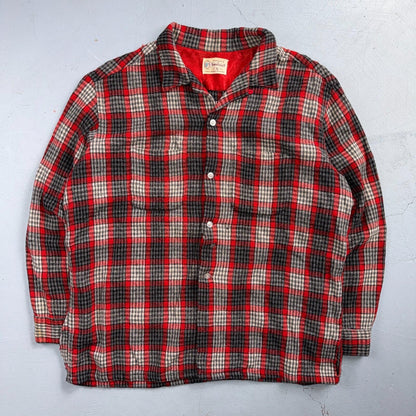 VTG XL 50s Penneys Shirt Red Plaid Wool Button Loop Collar Rockabilly 1950s Gray