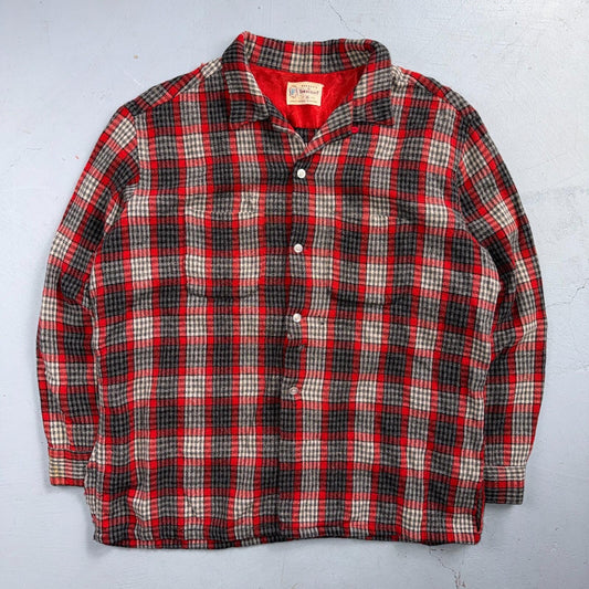 VTG XL 50s Penneys Shirt Red Plaid Wool Button Loop Collar Rockabilly 1950s Gray
