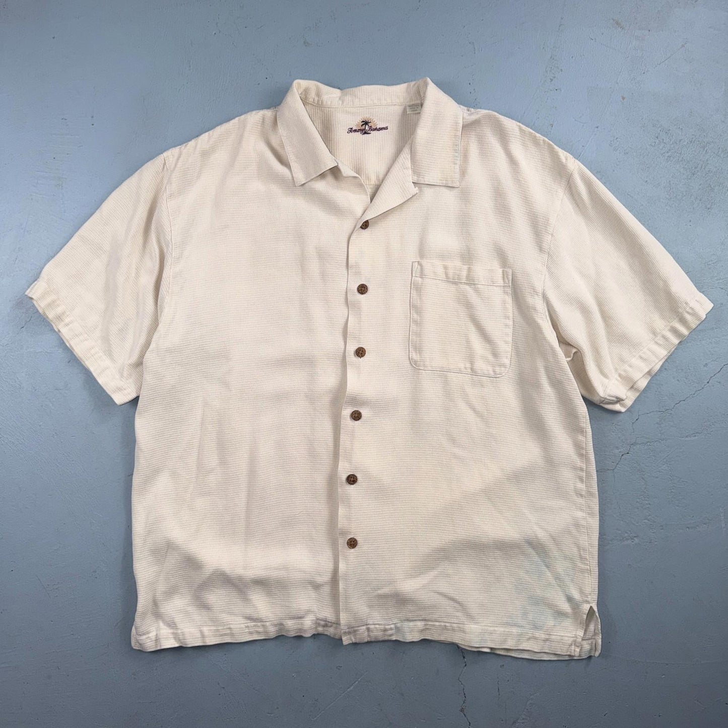 Tommy Bahama VTG Hawaiian Loop Collar Basic Ivory Silk Camp Shirt XL