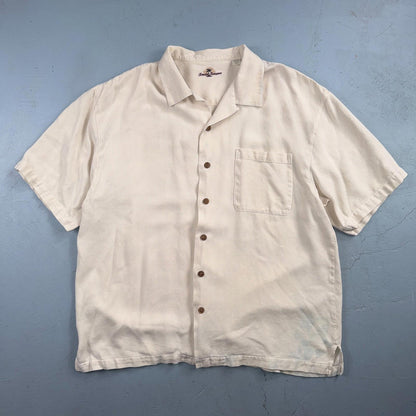 Tommy Bahama VTG Hawaiian Loop Collar Basic Ivory Silk Camp Shirt XL