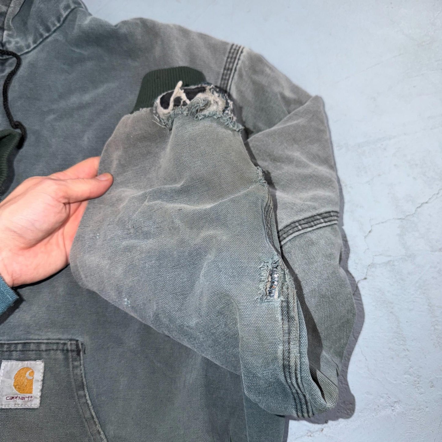 Vintage Carhartt Olive Green Hooded Jacket Bomber Coat Thrashed Faded 90s Y2K