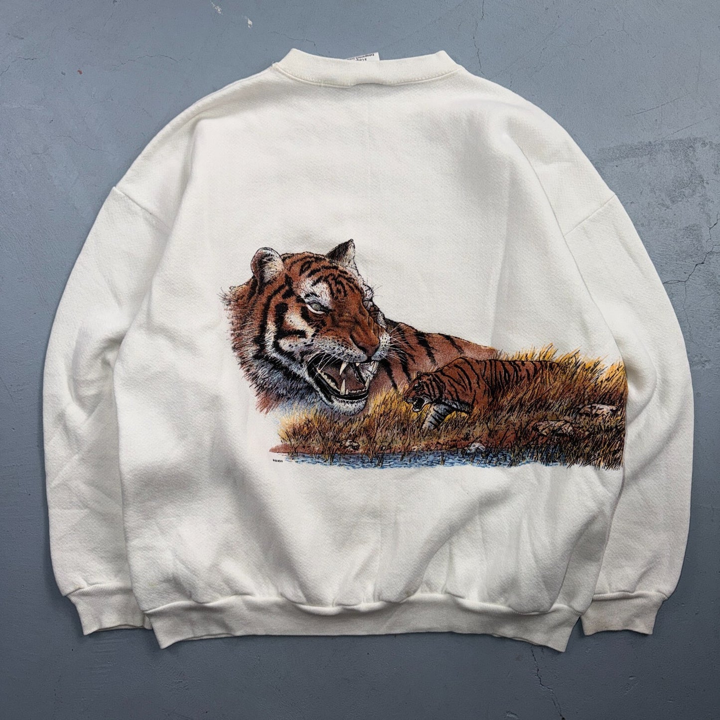 VTG 90s Wildlife Safari Tiger Sweatshirt White Tultex Made USA XL Big Cats AOP