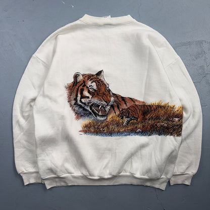 VTG 90s Wildlife Safari Tiger Sweatshirt White Tultex Made USA XL Big Cats AOP