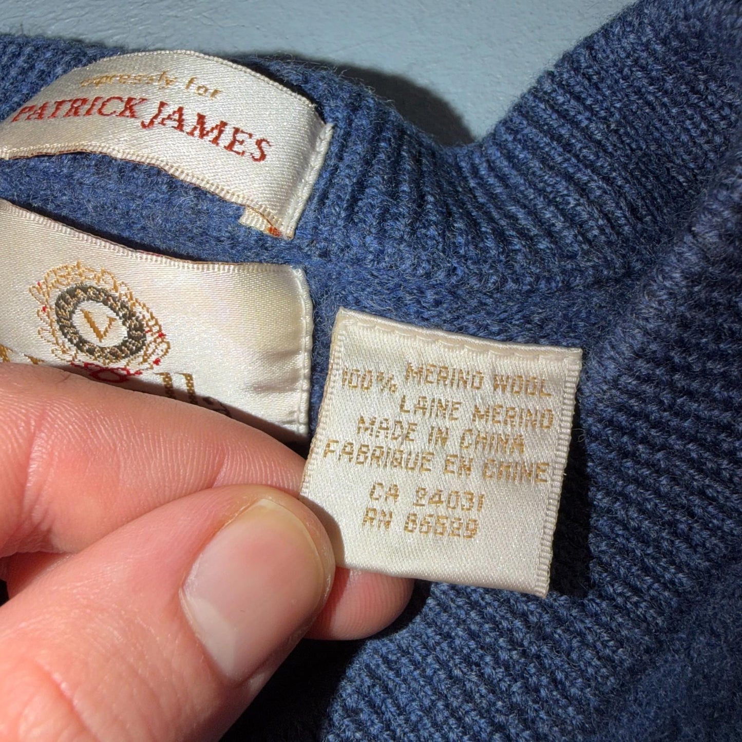 Patrick James Viyella V Neck Pullover Sweater 100% Merino Wool XL Shrunk Blue